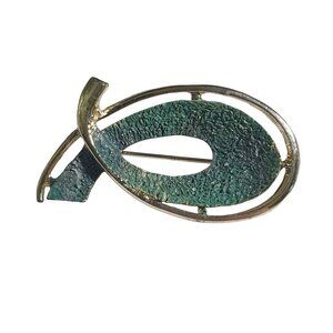 Gold Tone Textured Modernist Fish Pin Brooch Patina Teal Abstract Design Retro